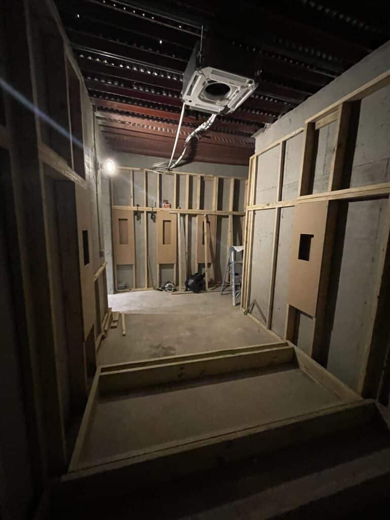 An Under-Construction View Of The Custom Theater Showing The Shop-Built Back Boxes For The In-Wall Speakers. 