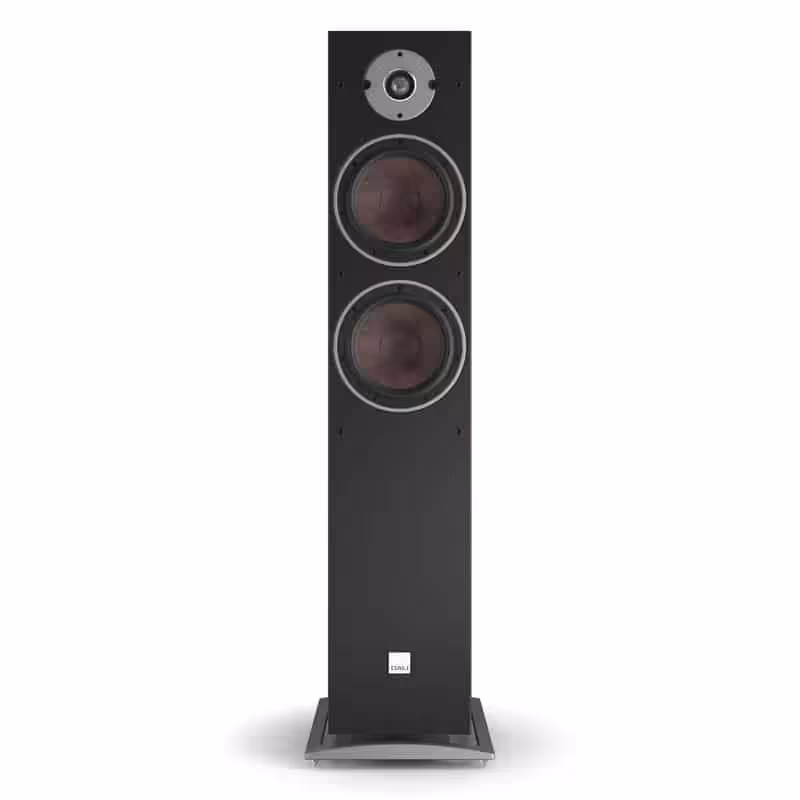 DALI Oberon 7 floorstanding speaker in black ash, grille off
