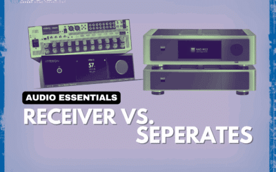 Audio Essentials graphic comparing AV receivers and separates, featuring a receiver on the left and separate amplifier on the right, with bold text "Receiver vs. Separates" for home audio and theater discussions.