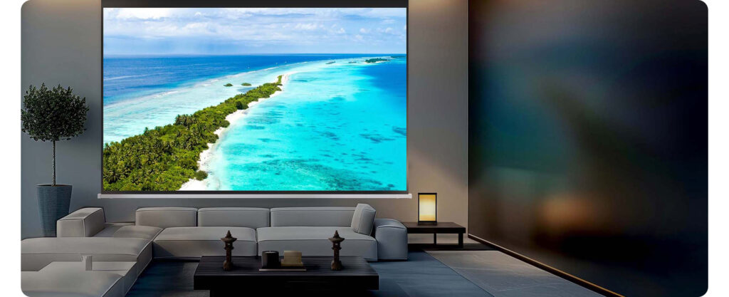 Massive projection screen in a luxury home showcasing the vast light output of Epson's projectors.
